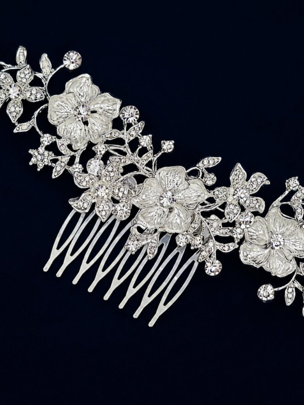 5.5" Long Floral Rhinestone Crystal Hair Comb Silver Toned Bridal Wedding White